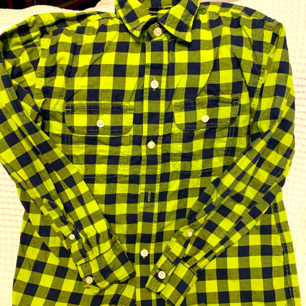 Gap kids dark navy and lime green checked long sleeve shirt